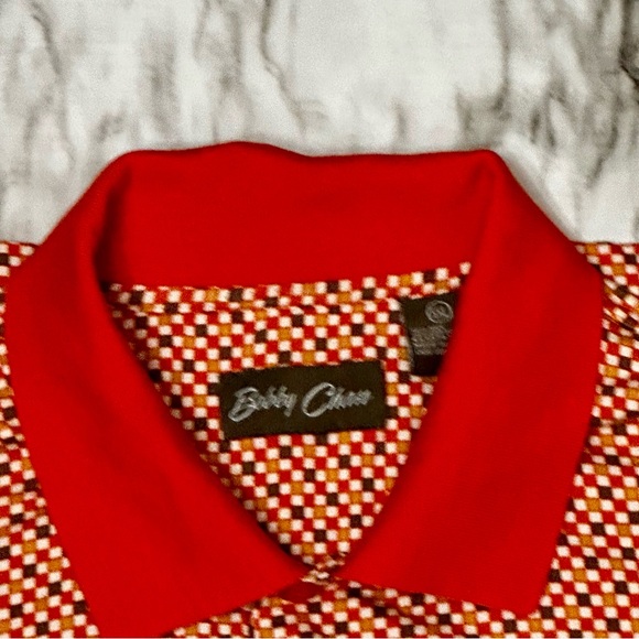 Bobbie Chan Mens Sz XXL Silk Blend Golf Polo Shirt Orange Check Blokecore Gramps - Picture 5 of 10
